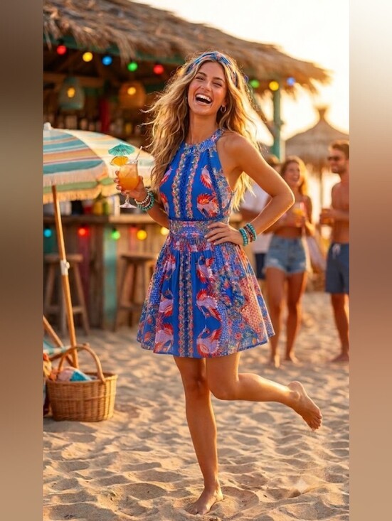 Jaase Dresses & Skirts - Jaase Boho Tropical Halter Mini Dress Smocked Festival Summer XS Dopamine Drip